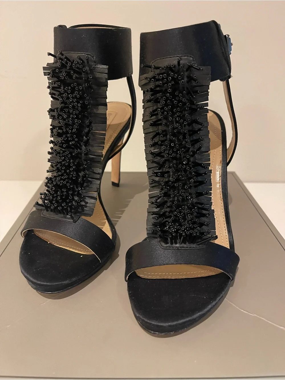 BCBGMaxAzria Black Beaded Fringe T-Strap Heels
